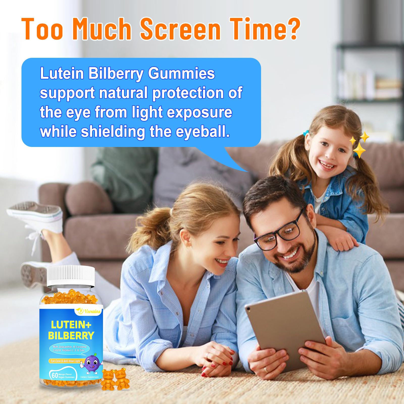 VZOXAINS kids taking gummies demonstrates family-friendly daily eye care.