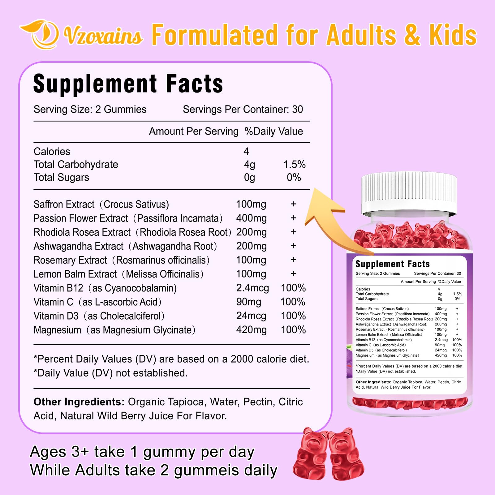 Vzoxains saffron gummies close-up reveals wild berry flavor for daily energy support