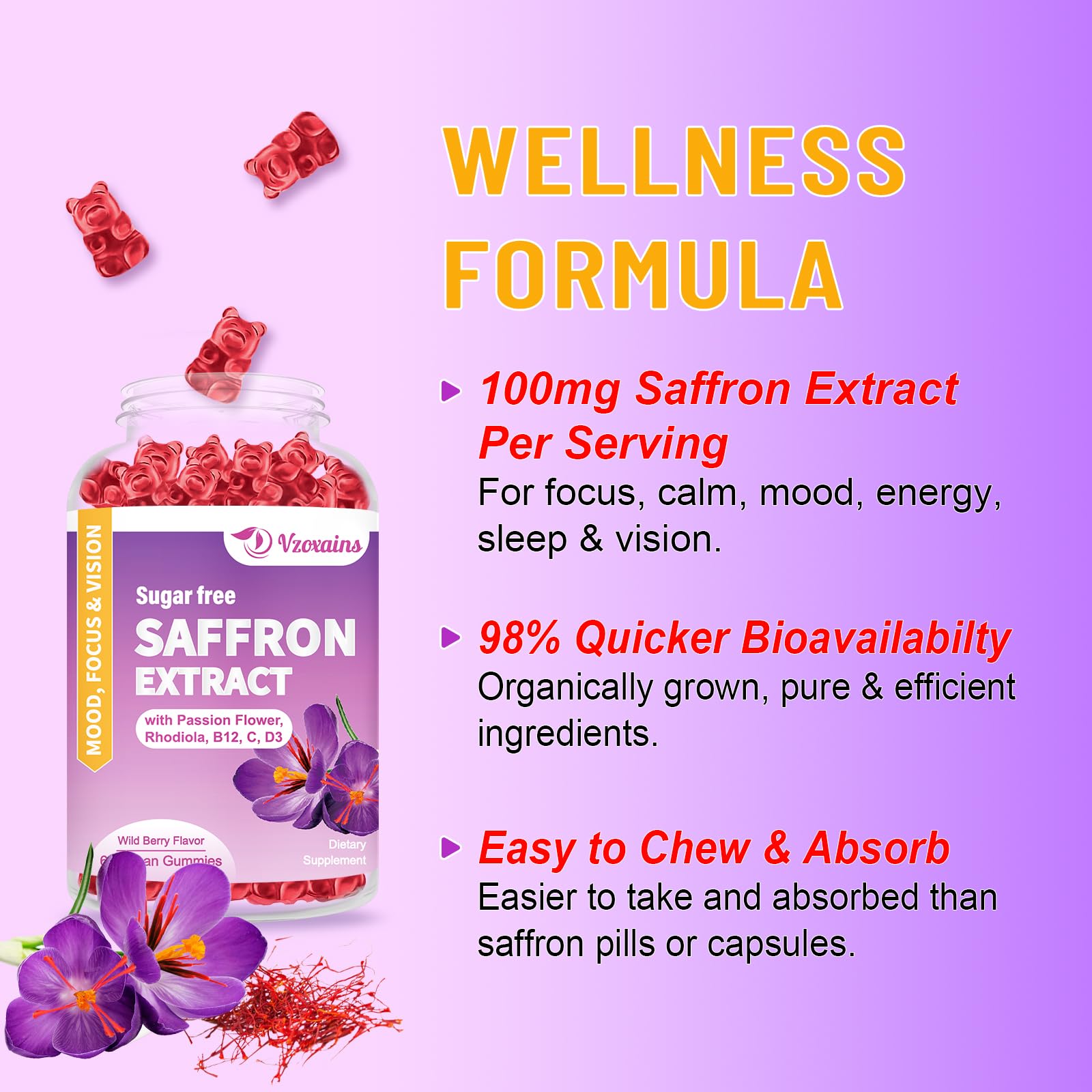 Vzoxains saffron gummies ingredients panel highlights saffron, magnesium, and vitamins for balance