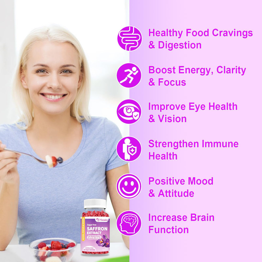 Vzoxains saffron gummies jar highlights wild berry flavor for mood and focus