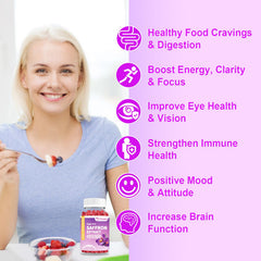 Vzoxains saffron gummies jar highlights wild berry flavor for mood and focus
