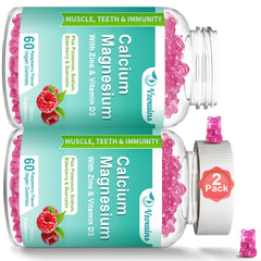 VZOXAINS calcium gummies bottle with raspberry flavor for daily supplementation.