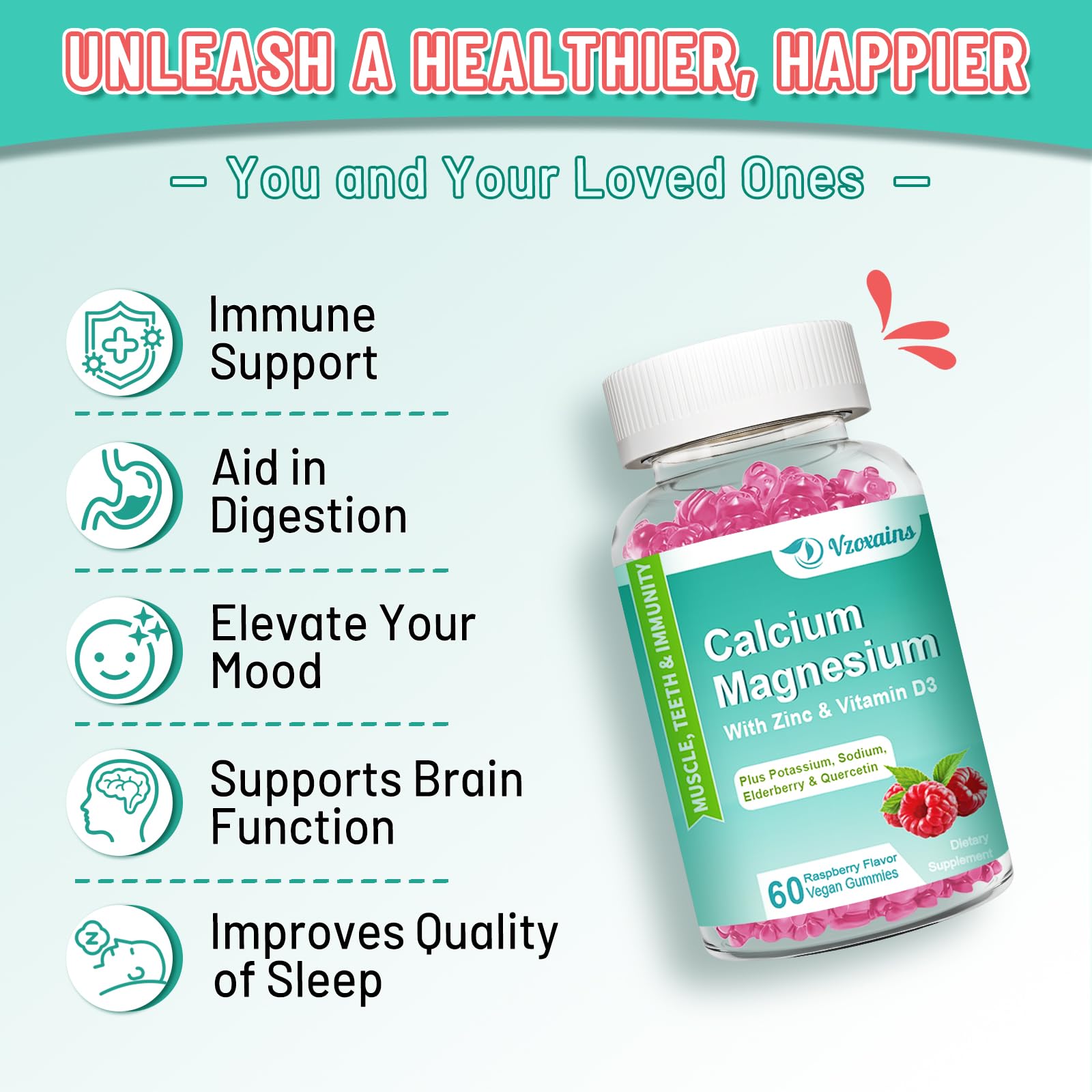 VZOXAINS daily dosage guide shows two gummies for adults and one for kids.
