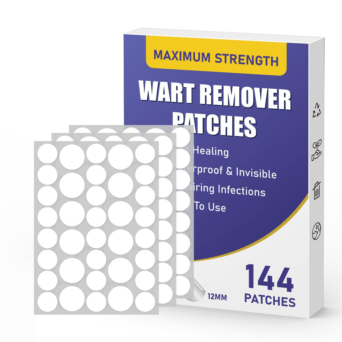 WABRINY packaging shows 144 patches for versatile wart care.