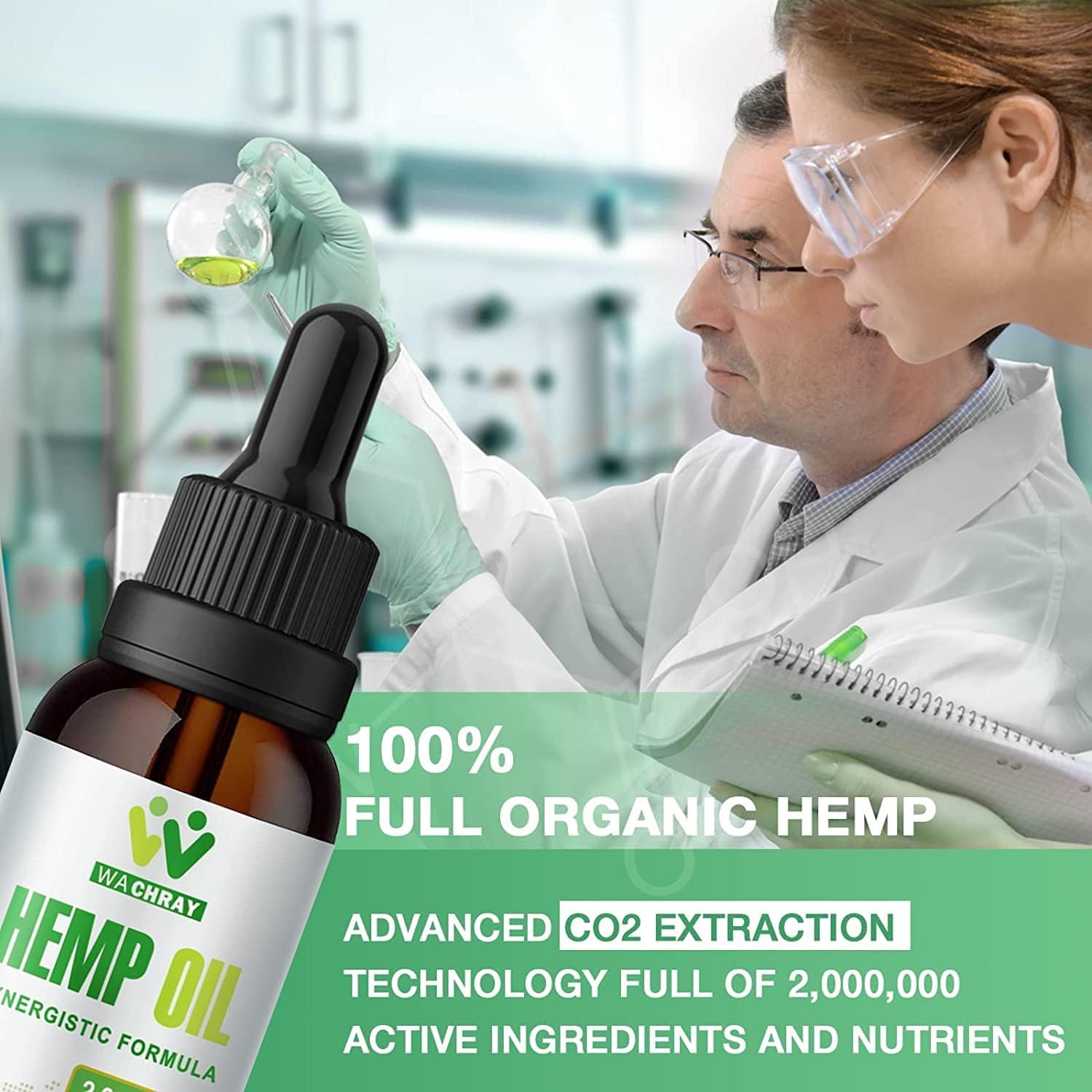 WACHRAY label close-up on hemp oil drops, highlighting quality and US origin.