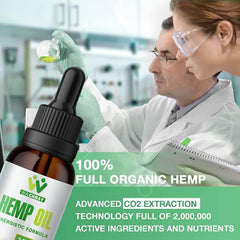 WACHRAY label close-up on hemp oil drops, highlighting quality and US origin.