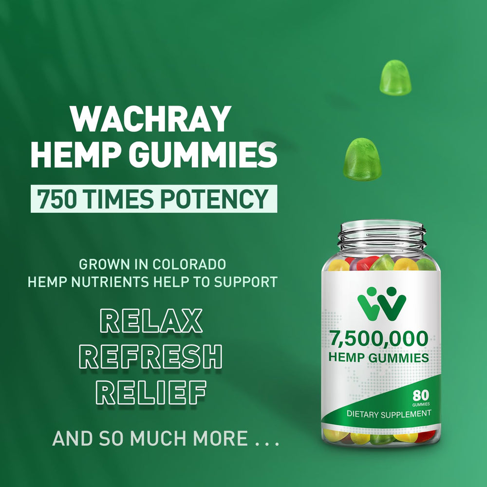 WACHRAY Nutrition hemp gummies bottle open with 240 gummies visible.