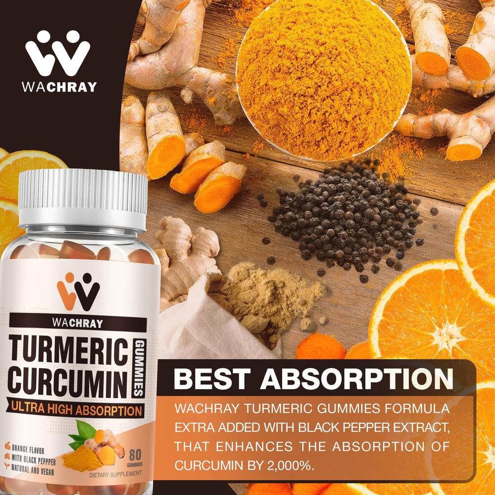 WACHRAY Turmeric Gummies bottle back detailing ingredients and vegan certifications.