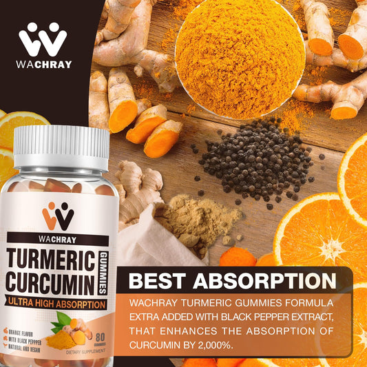 WACHRAY Turmeric Gummies bottle back detailing ingredients and vegan certifications.