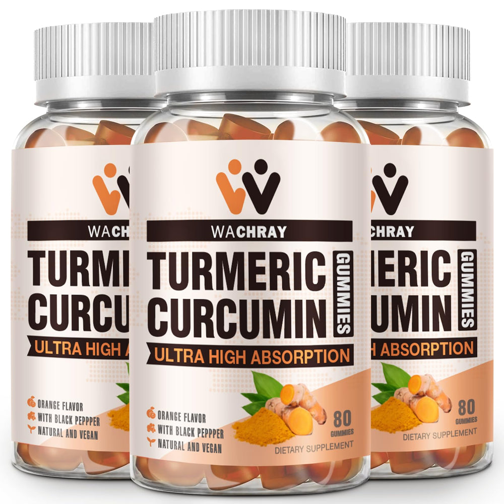 WACHRAY Turmeric Gummies bottle front showing vegan, gelatin-free formula for daily joint comfort.
