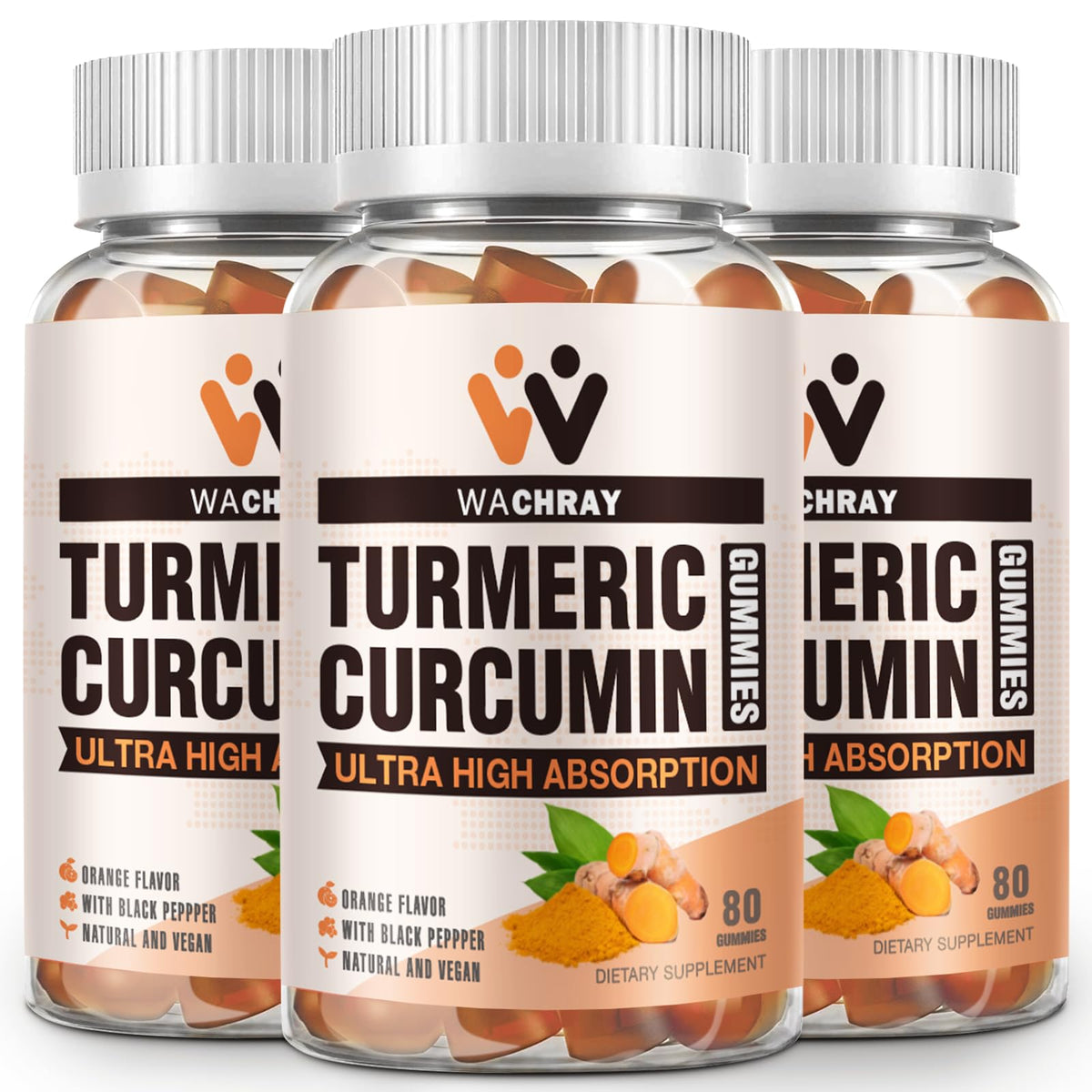 WACHRAY Turmeric Gummies bottle front showing vegan, gelatin-free formula for daily joint comfort.
