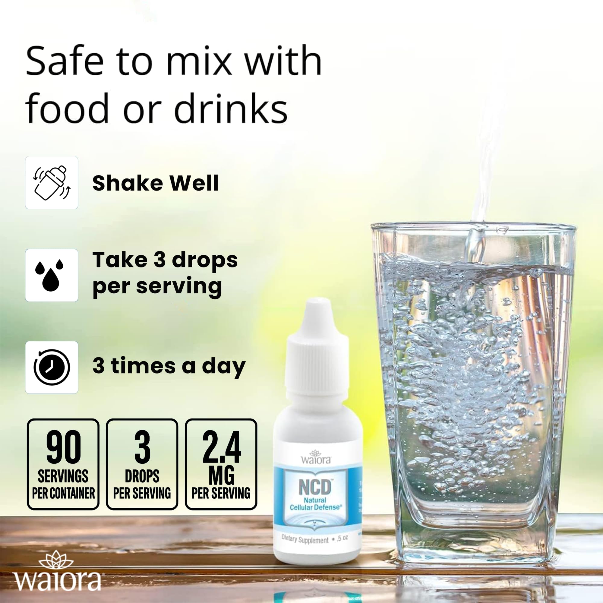 Waiora NCD bottle marked trusted brand since 2004 for wellness.