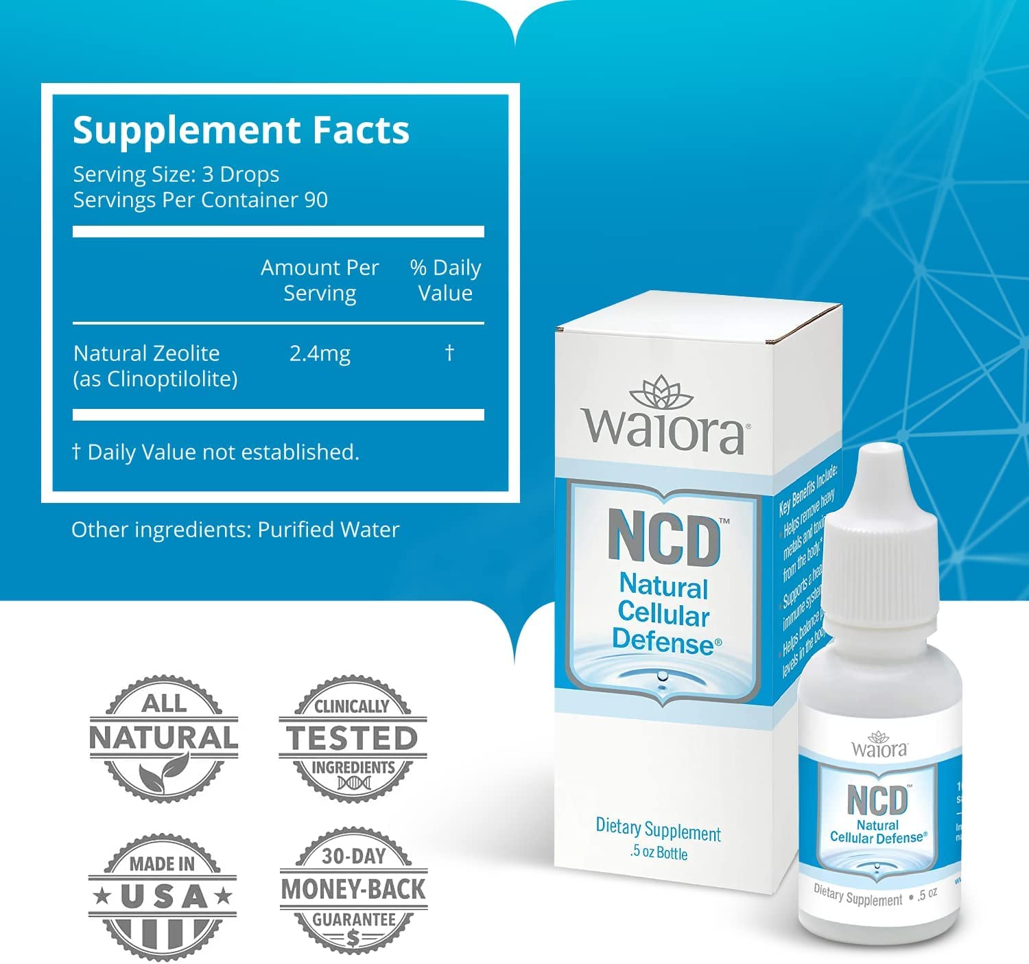 Waiora NCD liquid drops dispensed into water for convenient daily use.