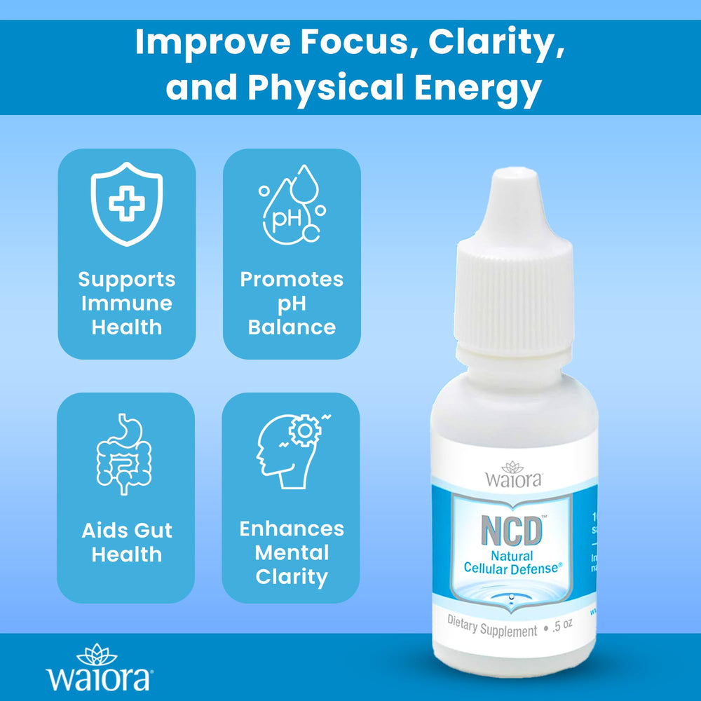 Waiora NCD liquid bottle label highlights minimalist formula and key ingredients.