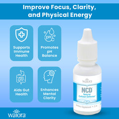 Waiora NCD liquid bottle label highlights minimalist formula and key ingredients.