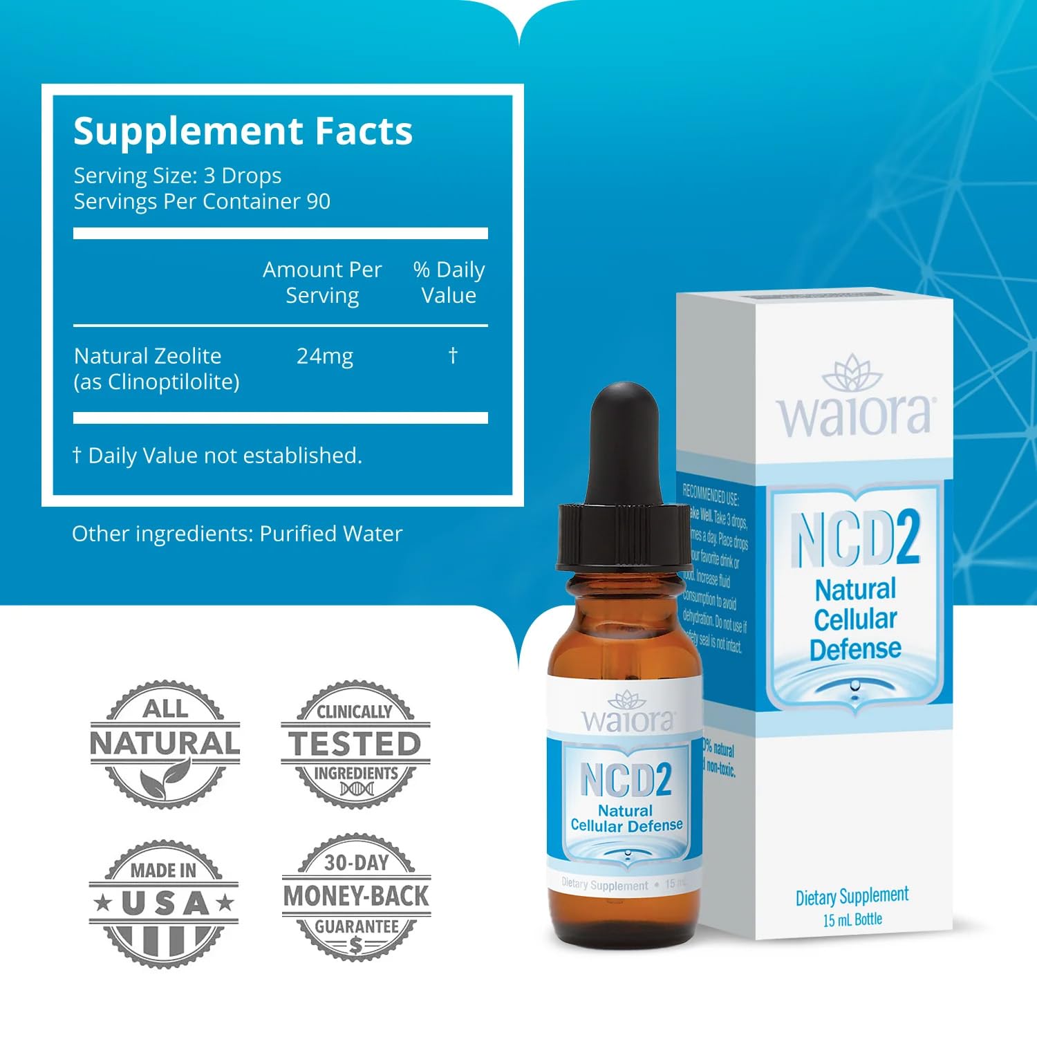 Waiora NCD2 drops pour shows easy daily dosing.