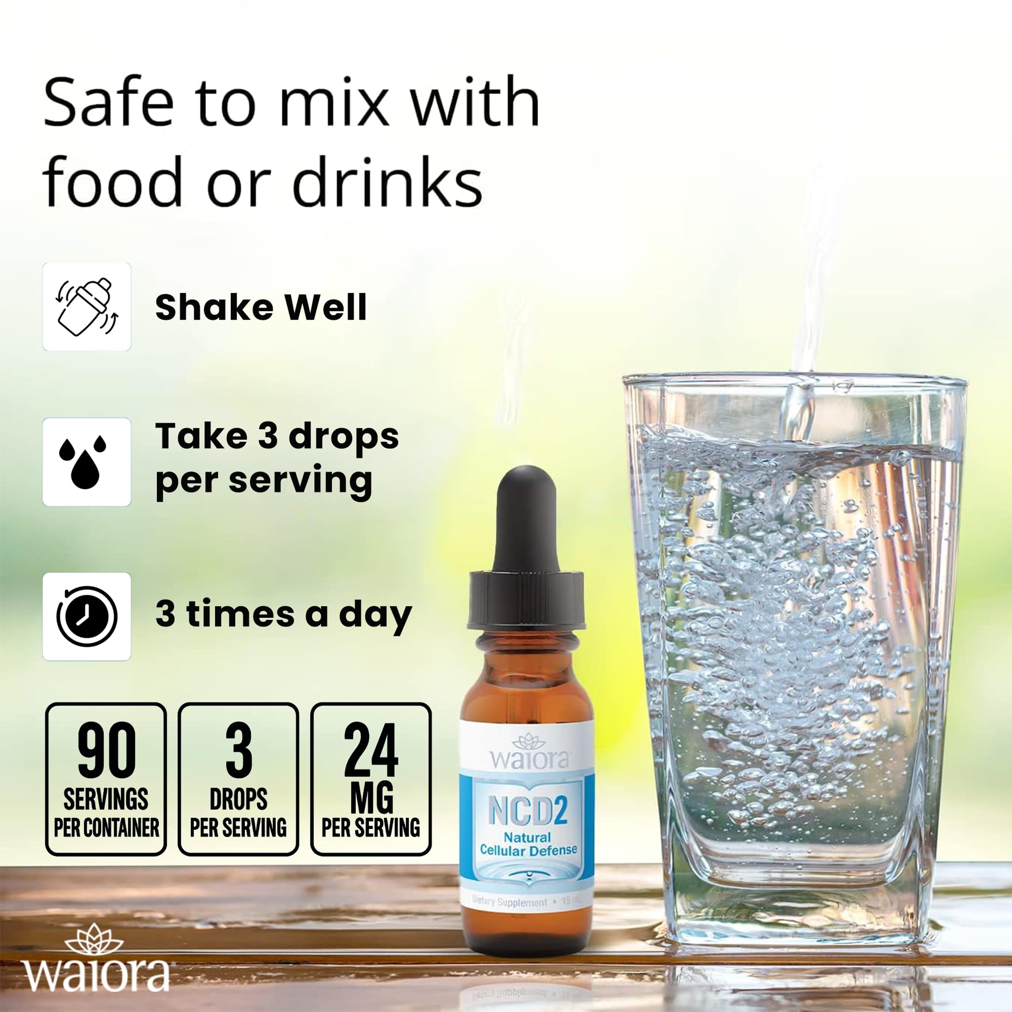 Waiora NCD2 bottle with serving marks on label