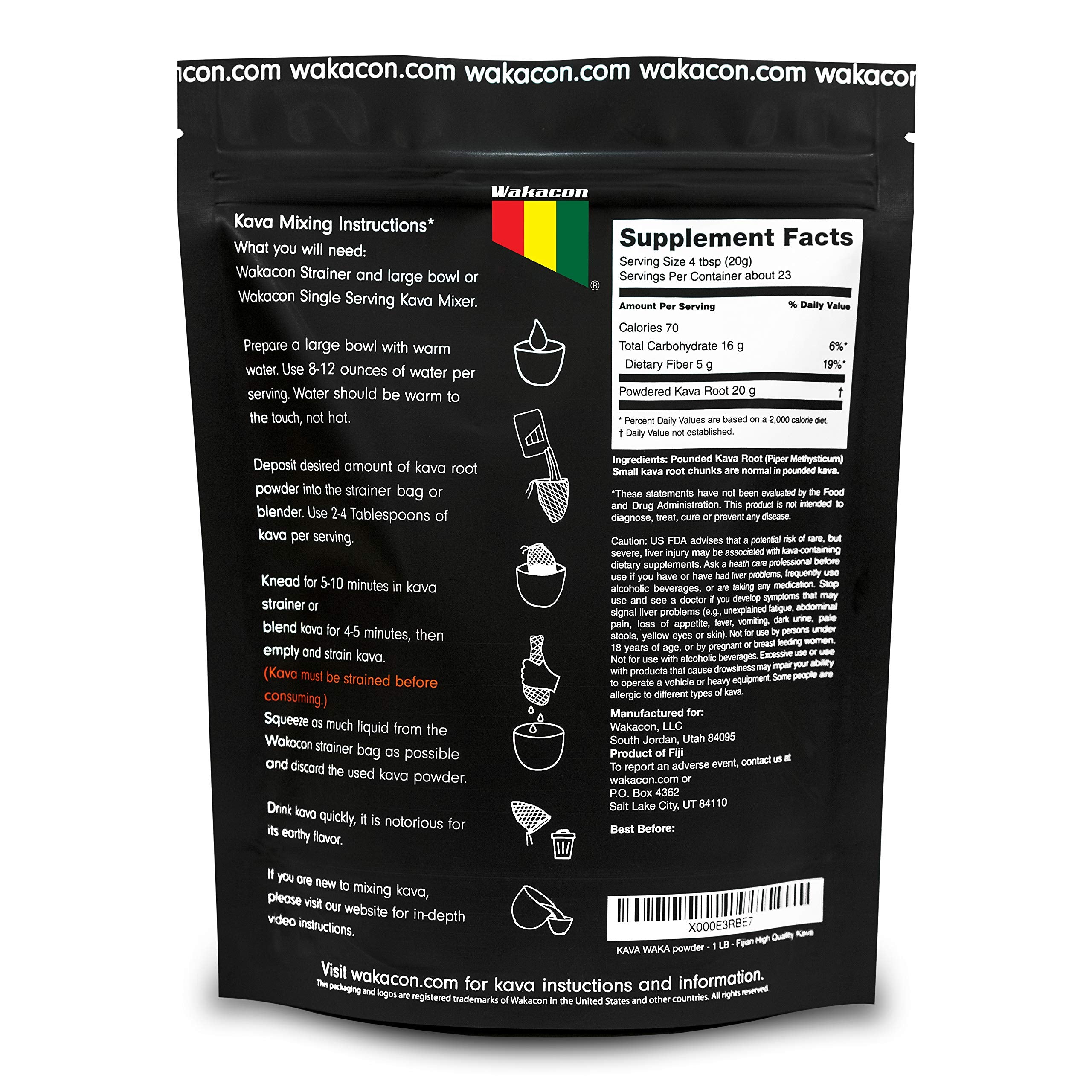 Wakacon Kava Waka powder label closeup highlighting Fiji origin