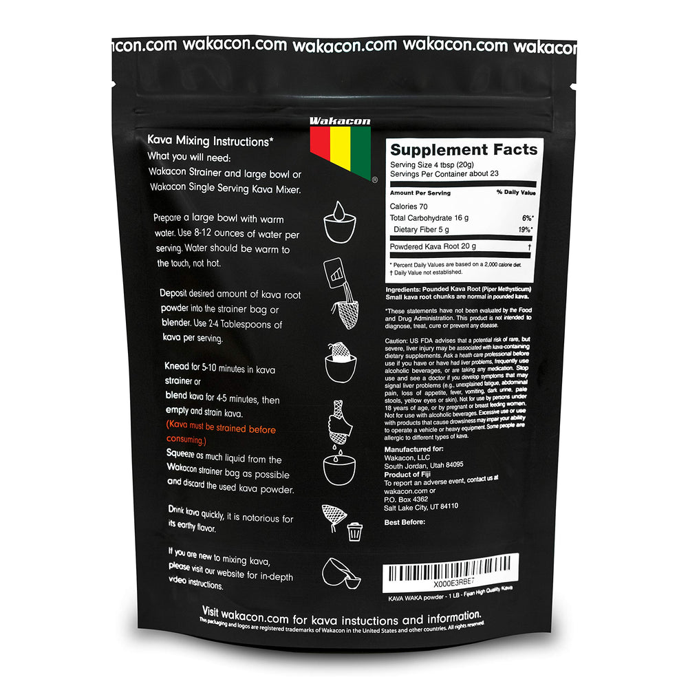 Wakacon Kava Waka powder label closeup highlighting Fiji origin
