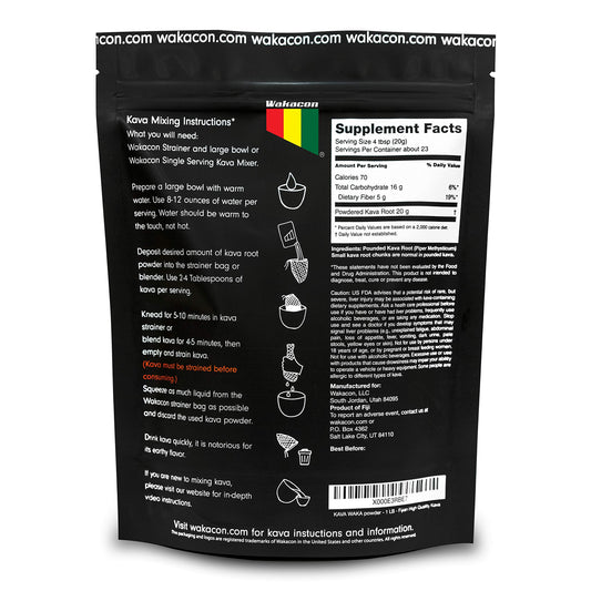 Wakacon Kava Waka powder label closeup highlighting Fiji origin