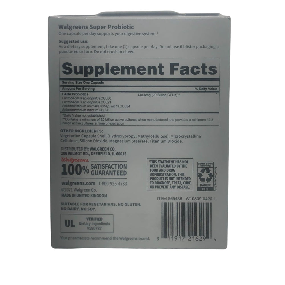 Walgreens Atazua super probiotic digestive support capsules for easy daily intake.