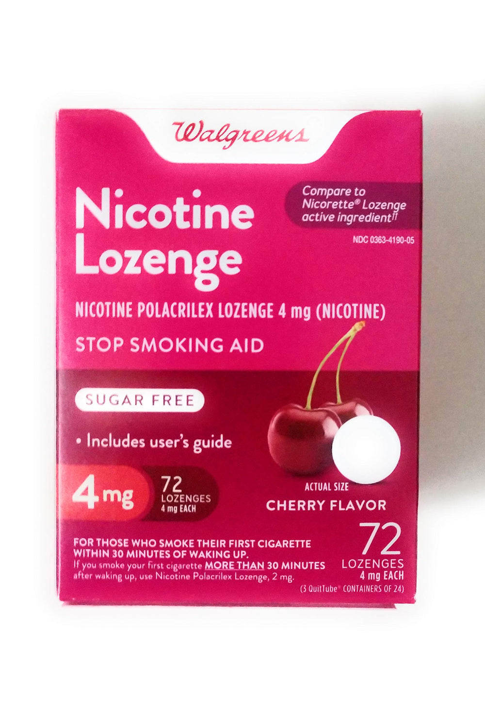 Walgreens nicotine lozenge 4mg cherry 72-count pack for steady satisfaction during quitting