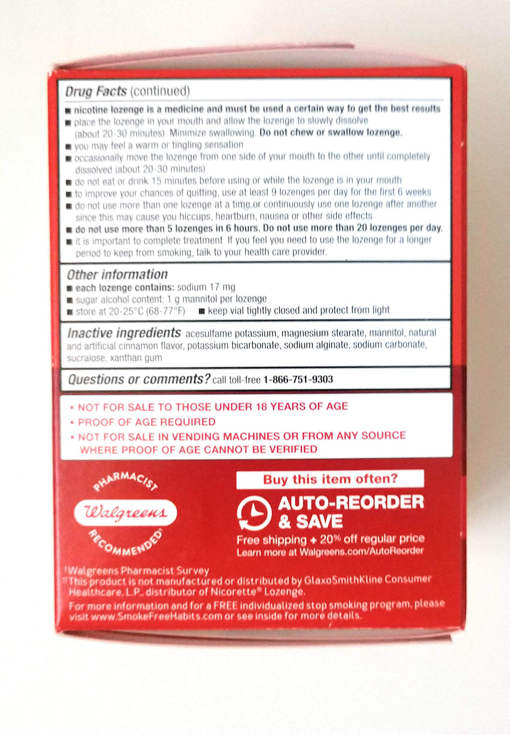 Walgreens nicotine lozenge cinnamon package back shows directions and ingredients.