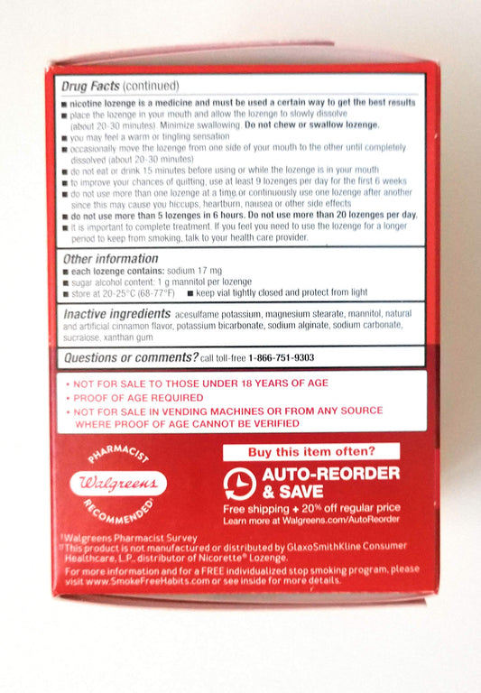 Walgreens nicotine lozenge cinnamon package back shows directions and ingredients.