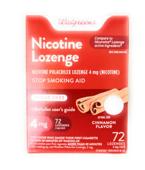 Walgreens nicotine lozenge cinnamon package front view supports quit attempts.