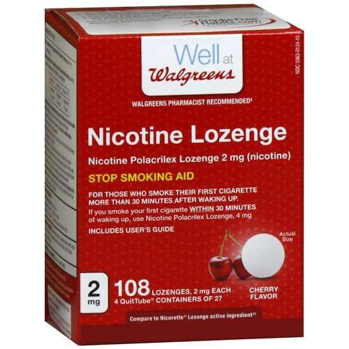 Walgreens nicotine lozenges cherry flavor 2mg, 108 count, for craving relief and quitting support.