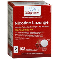 Walgreens nicotine lozenges cherry flavor 2mg, 108 count, for craving relief and quitting support.