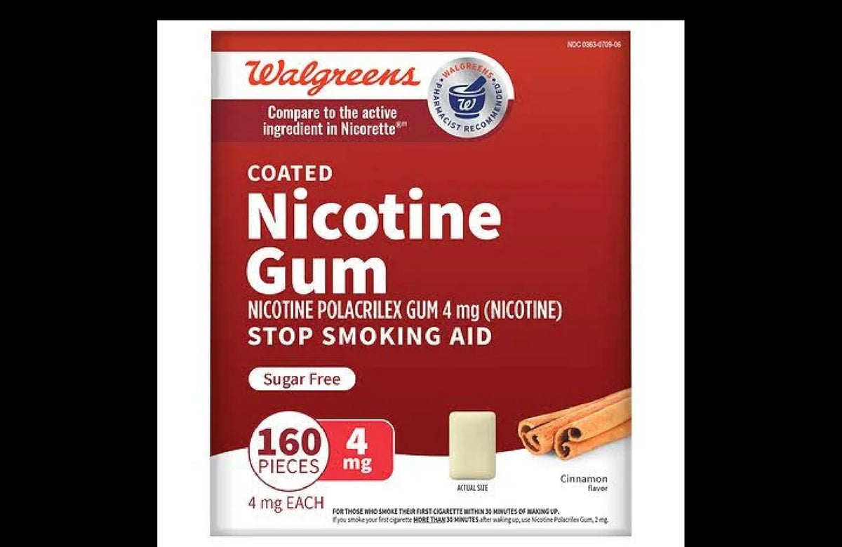 Walgreens nicotine replacement gum 4 mg Cinnamon packaging and gum for craving management