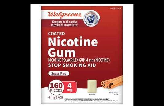 Walgreens nicotine replacement gum 4 mg Cinnamon packaging and gum for craving management