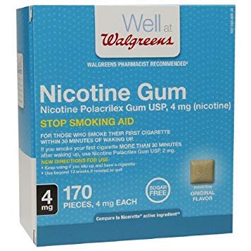 Walgreens Original Nicotine Gum 4 mg packaging helps manage cravings during quit attempts.