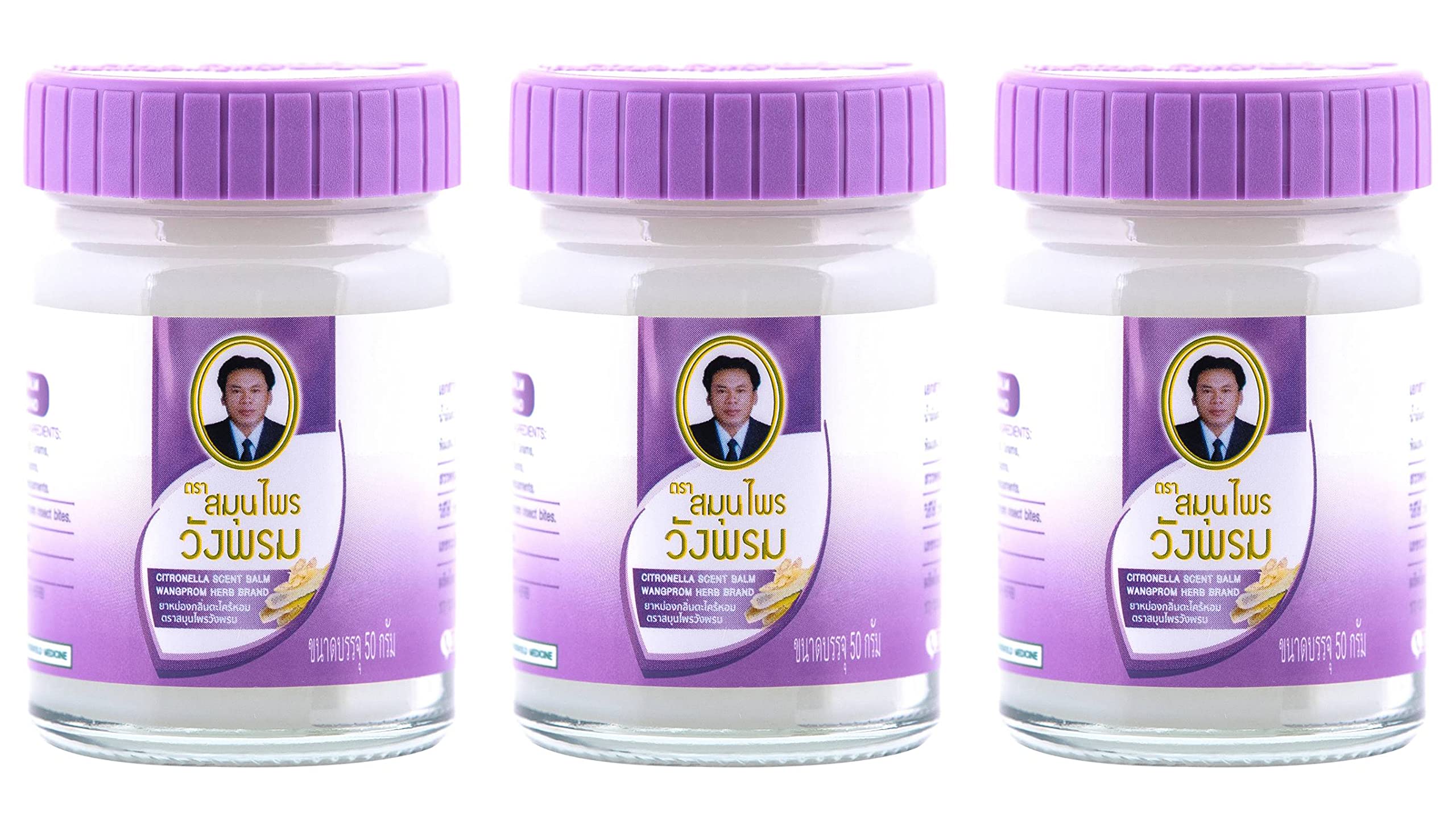 Wang Prom Herbal Balm jar close-up highlighting menthol and camphor for refreshing comfort.