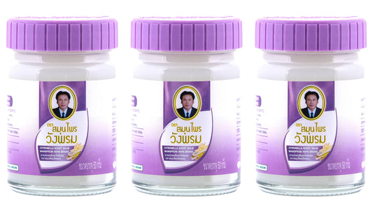 Wang Prom Herbal Balm jar close-up highlighting menthol and camphor for refreshing comfort.