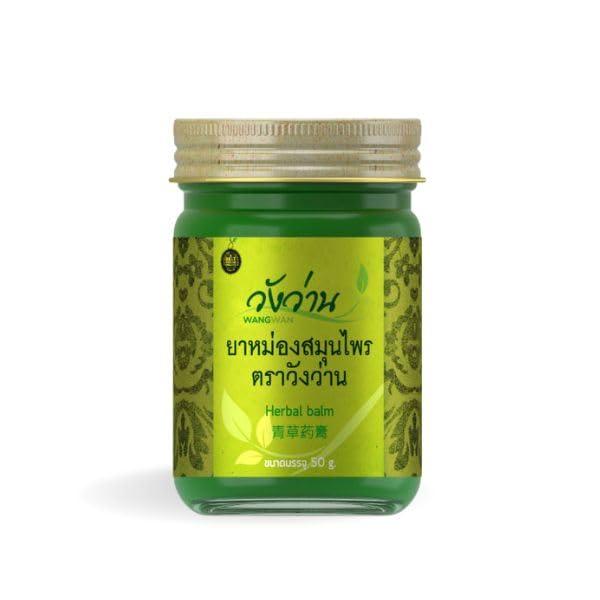 Wangwan Thai Green Balm container closeup, natural herb blend for soothing relief.