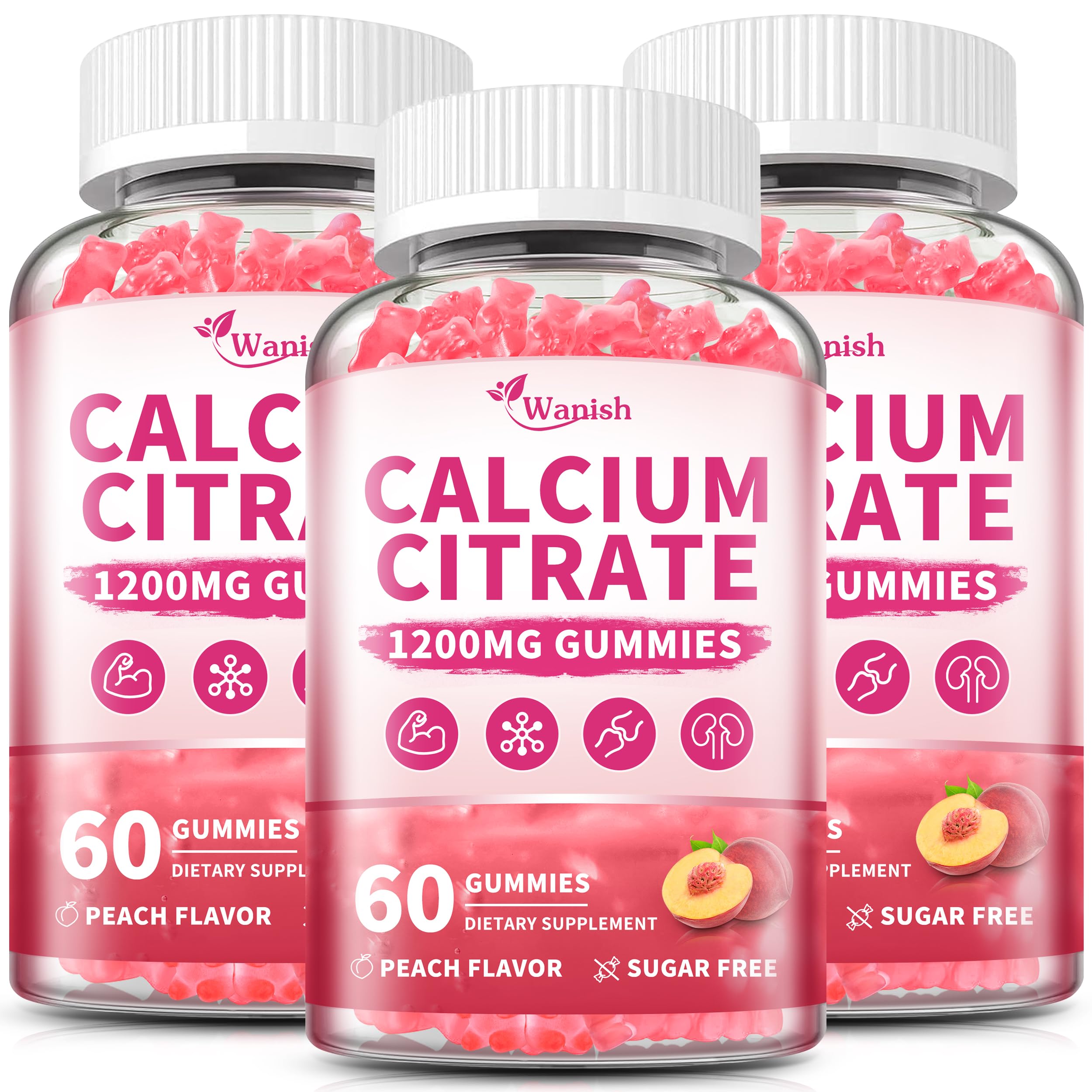 Wanish calcium citrate gummies peach flavor bottle shows easy-to-digest calcium for daily support