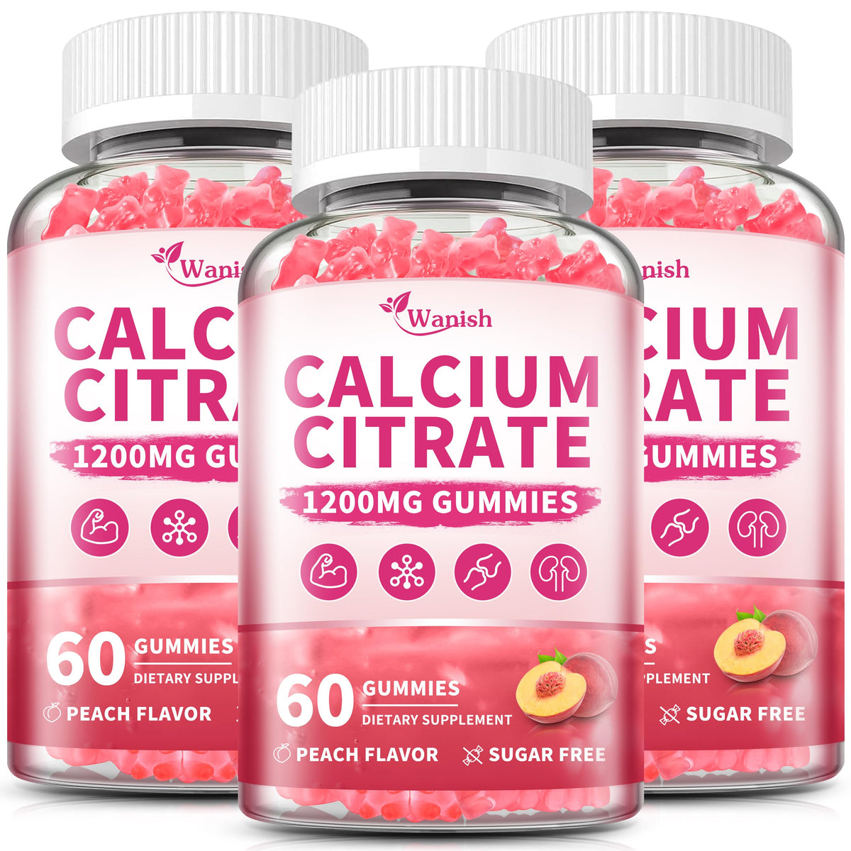 Wanish calcium citrate gummies peach flavor bottle shows easy-to-digest calcium for daily support