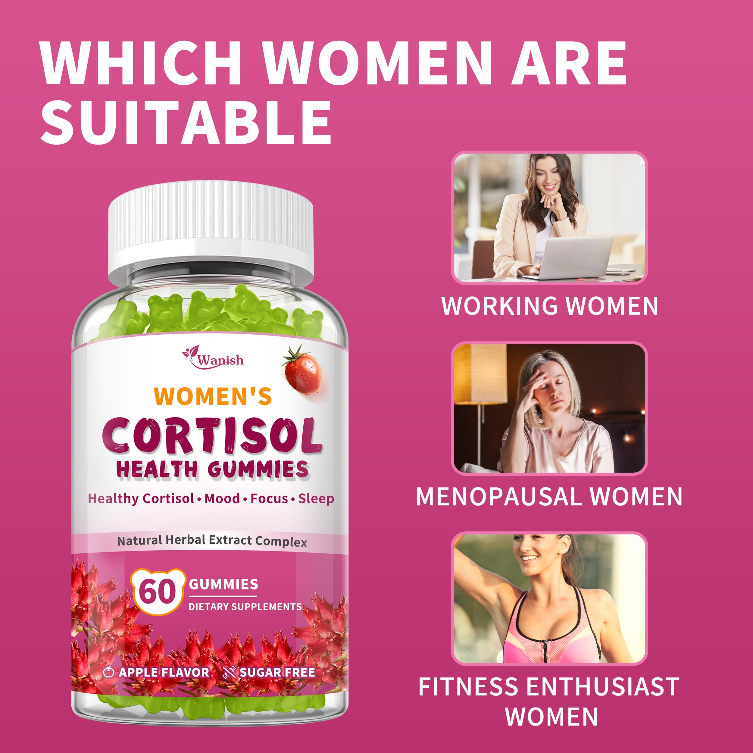 Label close-up on Wanish Cortisol Gummies bottle with natural ingredients