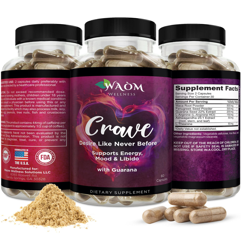 Waòm Wellness Crave bottle front showing maca-ashwagandha energy support.