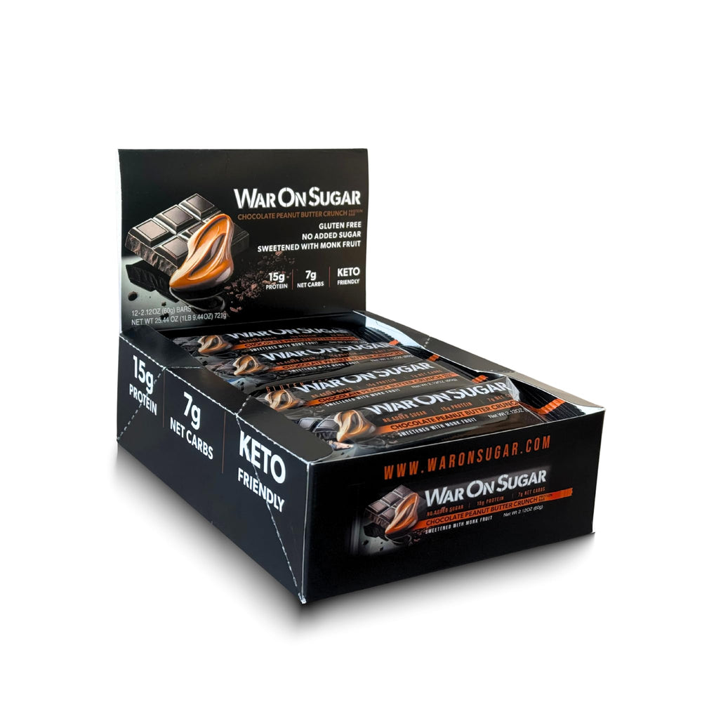 War on Sugar Chocolate Peanut Butter Crunch bar packaging highlights a high-protein on-the-go snack.