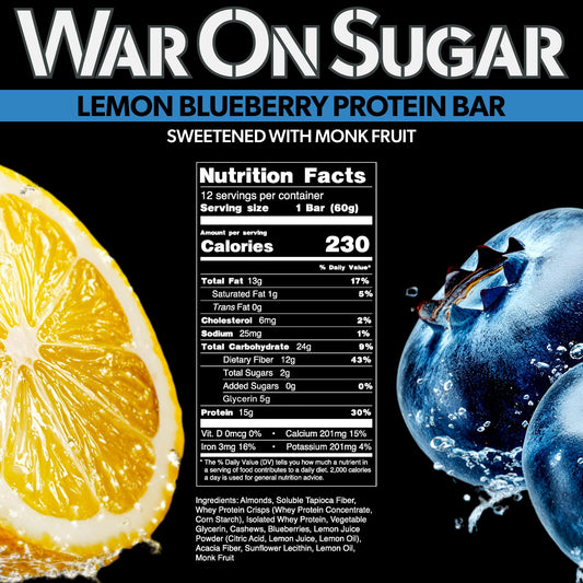 War on Sugar Lemon Blueberry bar ingredients close-up showing monk fruit sweetness.