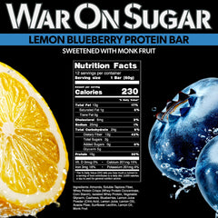War on Sugar Lemon Blueberry bar ingredients close-up showing monk fruit sweetness.