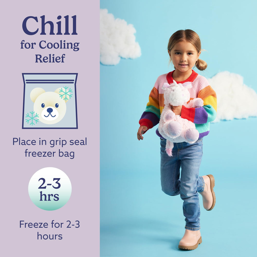 Warmies Unicorn cooling relief plush on a warm day