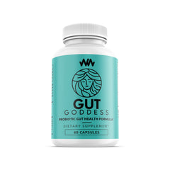 Warped Wellness Gut Goddess bottle with probiotic capsules for daily digestion support.