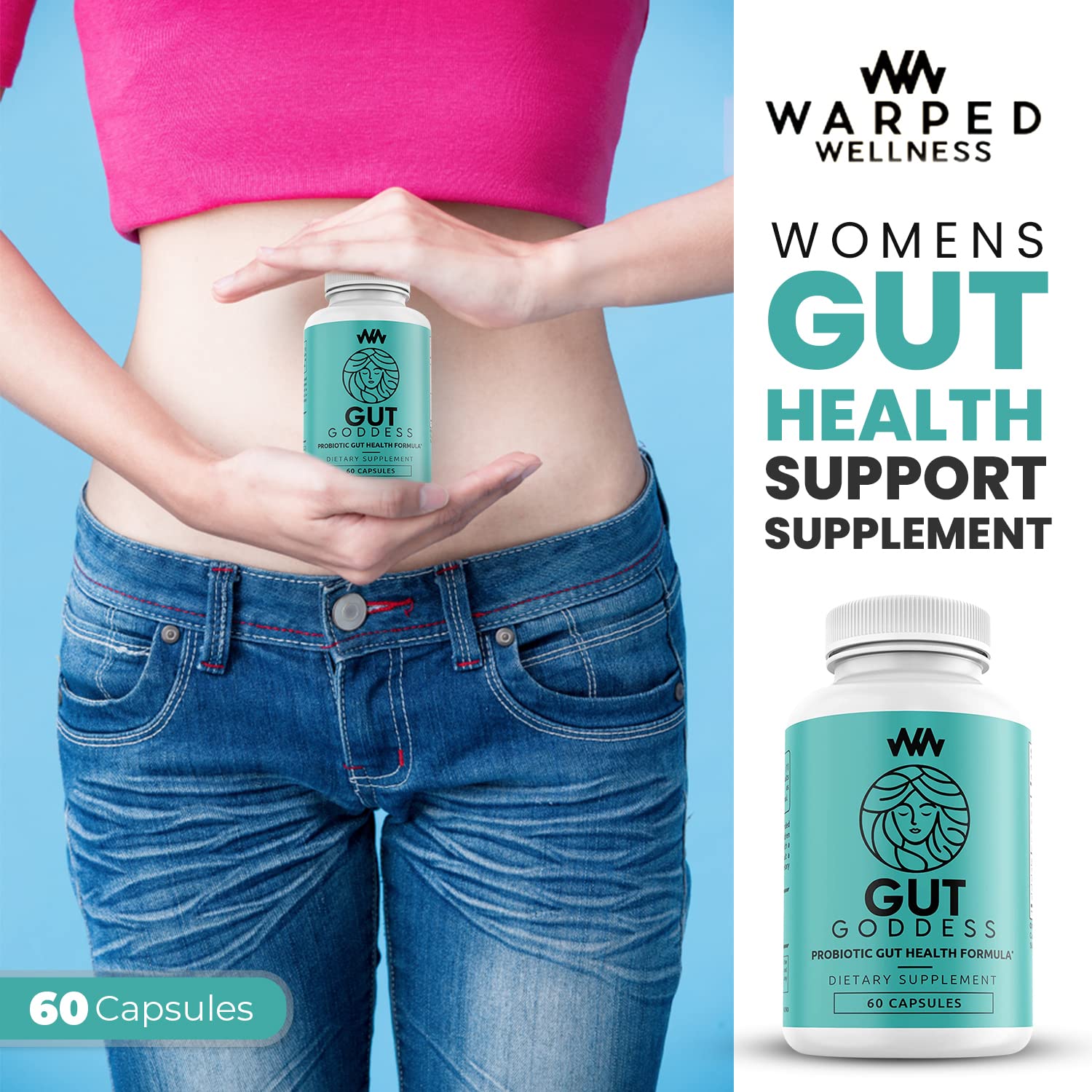 Warped Wellness women's probiotic capsules designed for female digestive health.