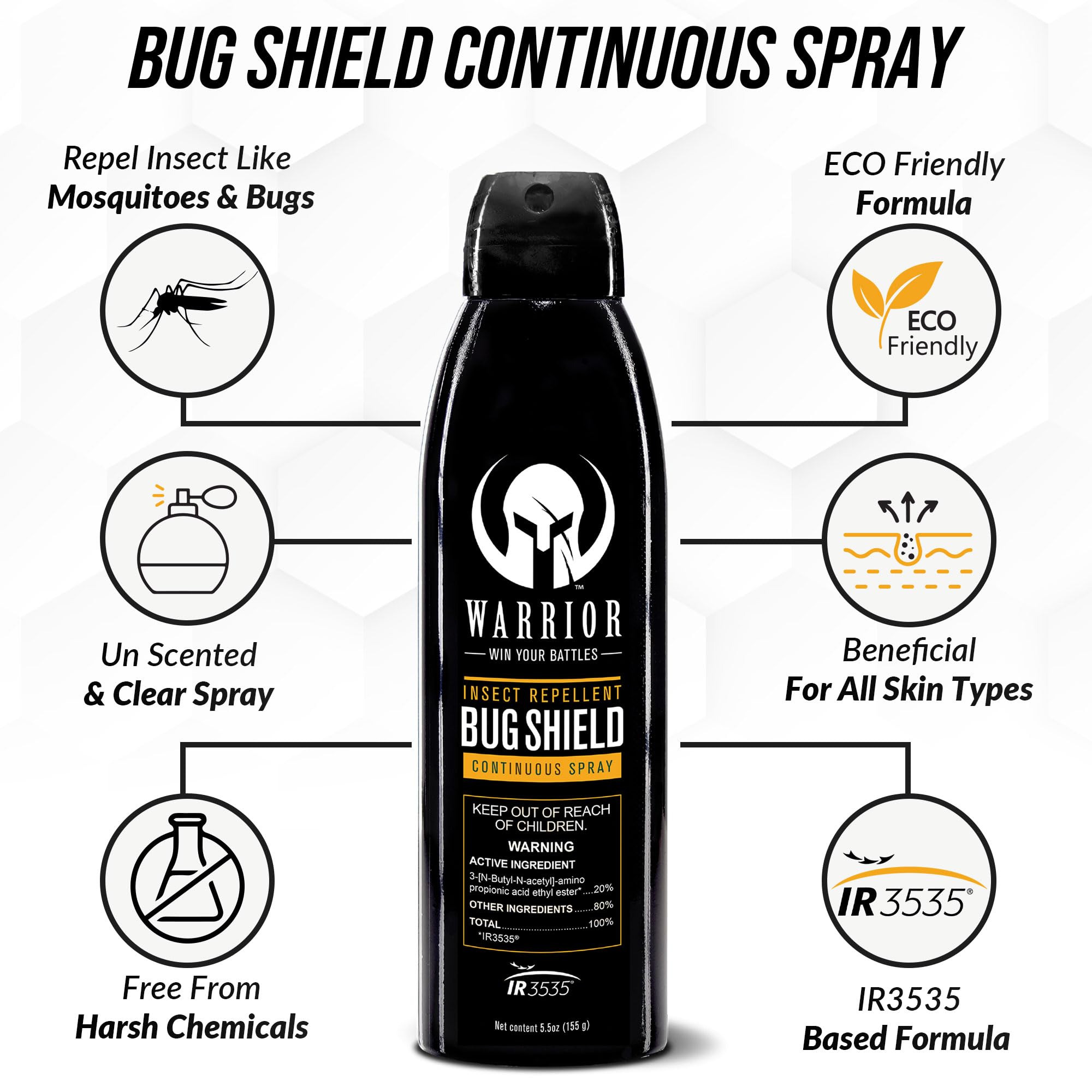 Warrior IR3535 insect repellent bottle highlights DEET free formula