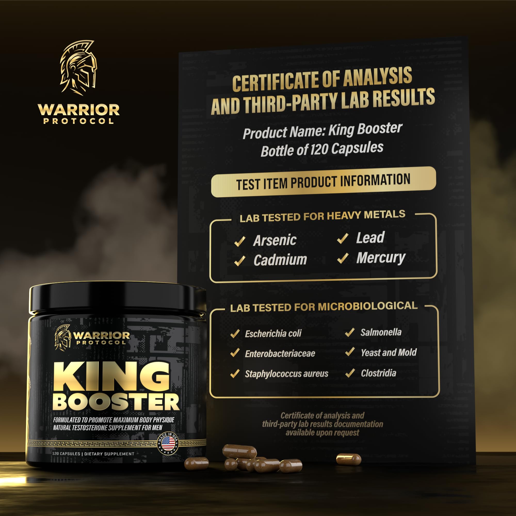 Warrior Protocol King Booster bottle on a clean desk with backdrop