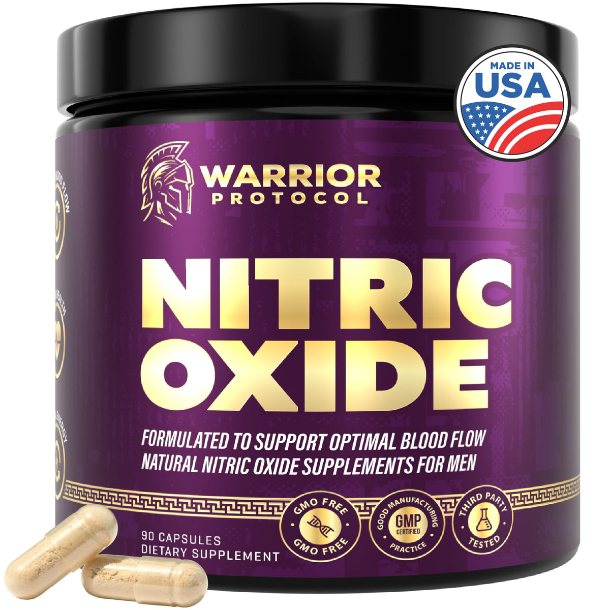 Warrior Protocol Nitric Oxide bottle shown for improved blood flow support.